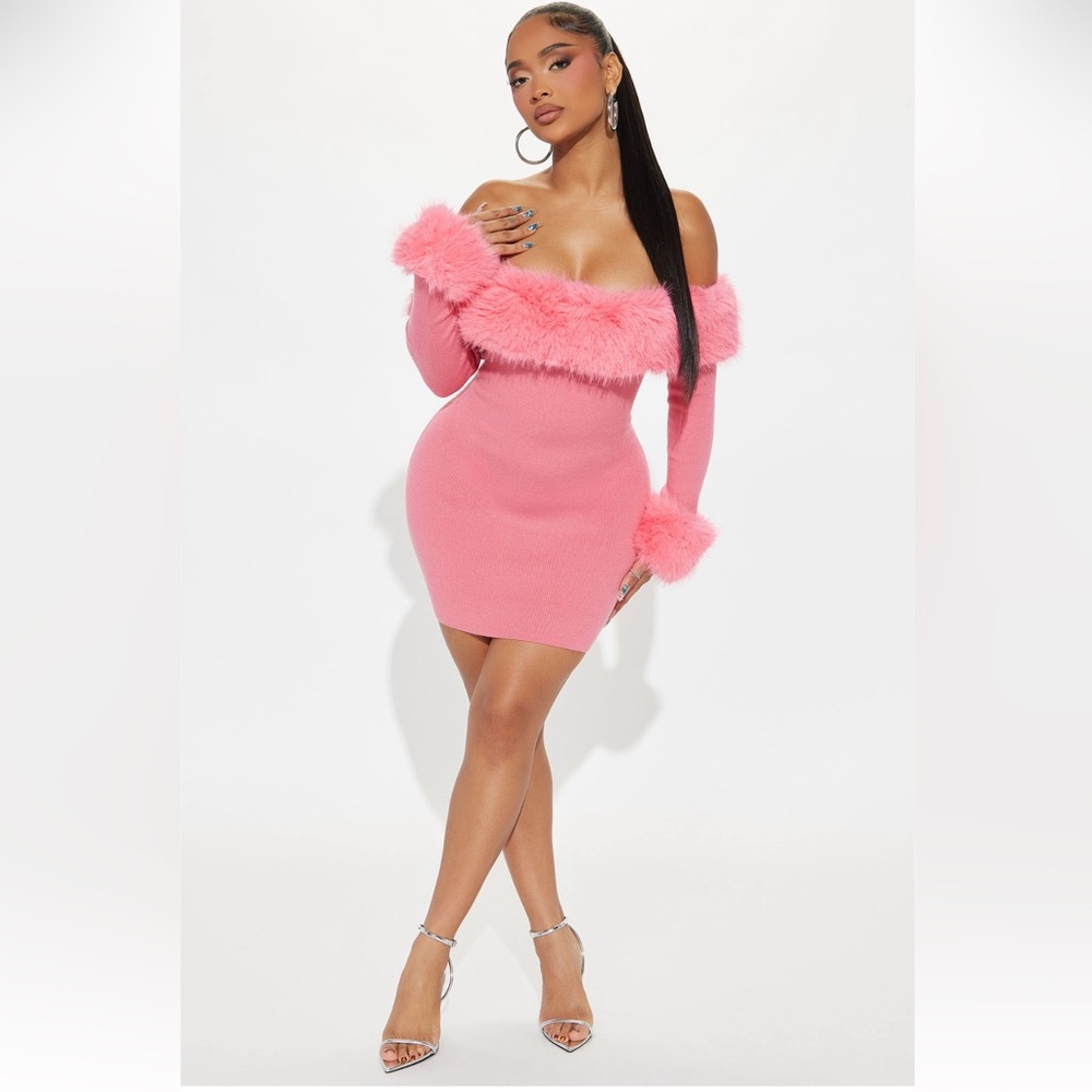 Fashion Nova Pink Fuzzy Off-Shoulder Mini Dress